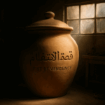 A massive clay pot sits in a dusty garage workshop, lit dramatically by a beam of sunlight from a nearby window. Arabic script on the pot reads “Fist of Vengeance,” with the English translation engraved beneath it.