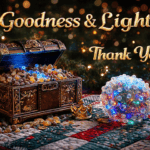 The same treasure chest and glowing sensory ball rest on a Christmas quilt beneath warm holiday bokeh lights, with the metallic gold text “Goodness & Lights” and “Thank You” above them.