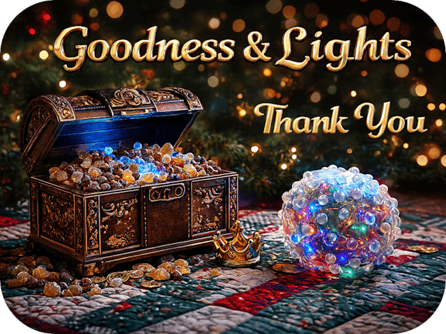 The same treasure chest and glowing sensory ball rest on a Christmas quilt beneath warm holiday bokeh lights, with the metallic gold text “Goodness & Lights” and “Thank You” above them.