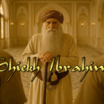 Sheikh Ibrahim ibn Tāriq al-Dhāhirī al-Djībūtī stands in his ornate diwan, leaning on his carved ibex-spiral cane as he greets Major Melrose and Corporal Matt Jozsa. He wears a cream dishdasha, a richly embroidered brown turban, and a jeweled khanjar at his sash. The text “Shiekh Ibrahim” appears across the image.