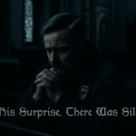Gary Light kneels alone in a darkened church pew, hands clasped in prayer and his postal uniform jacket visible in the dim light. Soft gothic text across the bottom reads, “To His Surprise, There Was Silence.”