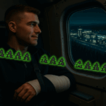 Matt Jozsa, a young U.S. Marine corporal with his broken left arm in a splint and sling, sits inside a military transport aircraft at night, looking out the window at a brightly lit air base surrounded by dark pine forests.