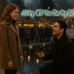 Matt kneels by a candle-lit pond offering Abby a ring as snow falls and the Christmas Village crowd watches.