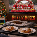 Pam’s view from the couch of two cinnamon buns on a TV tray as the Rose Parade plays, with a Christmas tree and the blankets where Abby and Teddy had been sitting left behind on the floor.