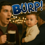 Matt Jozsa, holding a mug of root beer, stares open-mouthed at his son Teddy, who is being burped over his grandfather Gary Light’s shoulder in a Christmas village. Teddy looks back at Matt with bright green eyes as festive lights glow behind them, with the word “BURP!” in blue comic lettering above.