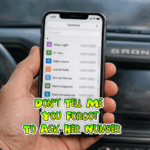 Gary’s hand holds his phone in his Bronco, showing his contacts list beneath the caption “Don’t tell me you forgot to ask her number.”
