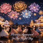 Couples in Victorian-era ball gowns waltz in a snowy cul-de-sac as drone-lit flowers bloom in the night sky between two elaborately decorated houses.