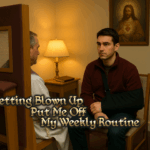 Matt Jozsa sits in a parish reconciliation room with his arm in a sling, speaking to Father Dan Ramos; over the image is the caption “Getting Blown Up Put Me Off My Weekly Routine.”