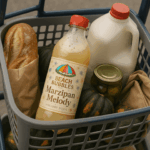 A bottle of Beach Bubbles “Marzipan Melody” soda— the flavor Matt invited Abby to try with him—sits in the top basket of a blue-and-gray granny-cart among acorn squash, bread, pickles and milk, waiting as they shop with Teddy.