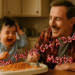 Gary Light smiles at his messy grandson Teddy, who sits in a highchair laughing with spaghetti in his hair, while red text reading “Now, You’ve Got A Dad… Maybe” is written across the lower half of the image.