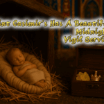 A softly lit Nativity scene shows the sleeping infant Jesus in a straw-lined manger, with an open wooden chest beside him holding frankincense, myrrh and a small crown-shaped gold gift, beneath festive text announcing Saint Casimir’s Midnight Vigil Service.