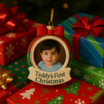 A “Teddy’s First Christmas” photo ornament featuring a baby with black hair and bright green eyes rests atop a pile of colorful wrapped gifts, marking Teddy Light’s first Christmas with his family.
