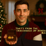 Matt, home on Christmas leave with his injured arm in a sling, smiles gently as he offers an open wooden treasure box containing gold, pale frankincense and dark myrrh. Behind him, a softly lit Christmas tree and mantel frame the moment of quiet family warmth and gratitude.