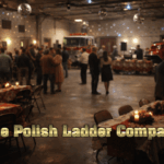 A softly lit firehall set for a New Year’s party, with folding tables, a cleared dance floor, disco balls overhead, firetrucks along the walls, and a blurred crowd beneath gold lettering reading “The Polish Ladder Company.”