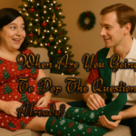Bonnie, visibly pregnant in a Christmas dress and holiday compression socks, lounges on the couch while Ned massages her foot, smiling as the caption teases, “When Are You Going To Pop The Question Already?”