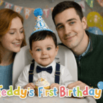 Teddy sits in a highchair between his smiling parents at his first birthday party, wearing a party hat and bow tie while holding a cupcake.
