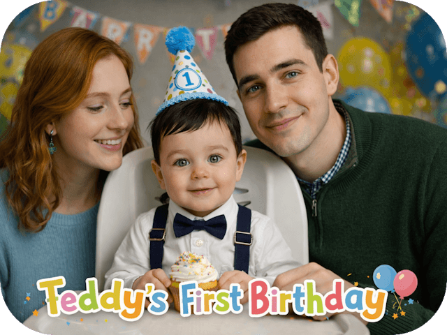 Teddy sits in a highchair between his smiling parents at his first birthday party, wearing a party hat and bow tie while holding a cupcake.