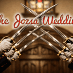 Marine Corps saber arch formed by white-gloved hands in dress blues, crossed swords framed against the church narthex doors beneath the title “The Jorza Wedding.”