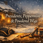 Snowy colonial Christmas scene with tricorn hat, fife and drum, peppermint stick, and warm candlelit farmhouse window beneath the title “Presidents, Peppermint & Powdered Wigs.”