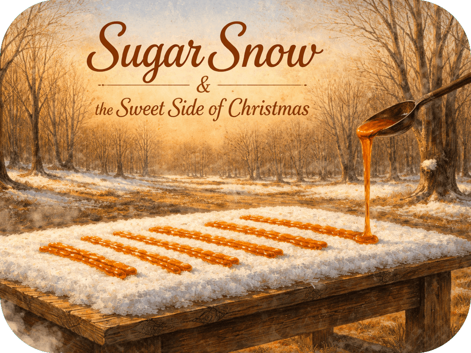 Maple syrup poured over snow on a wooden table in a quiet early spring grove.