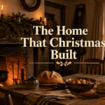 A warm early American home interior with a glowing hearth, wooden table and pine decorations in winter.