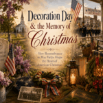 Warm Americana collage showing Memorial Day flowers, flags and a small-town parade blending into evergreen wreaths, lantern light and Christmas imagery.
