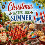 Christmas in July feast with watermelon trees, Bomb Pops, sherbet, pies and festive decorations.